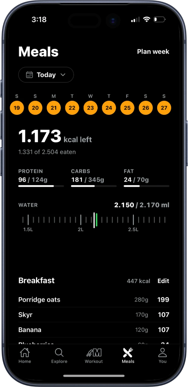 Ironmade meals screen with calories and macros